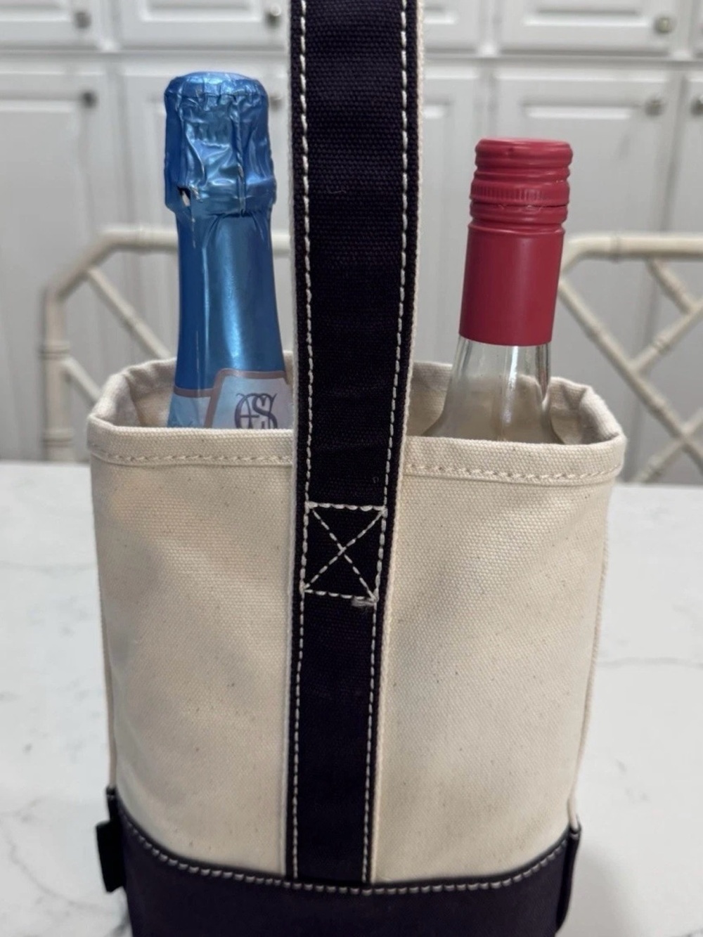 Lands' End Canvas Wine Carrier in Cream with Navy trim
